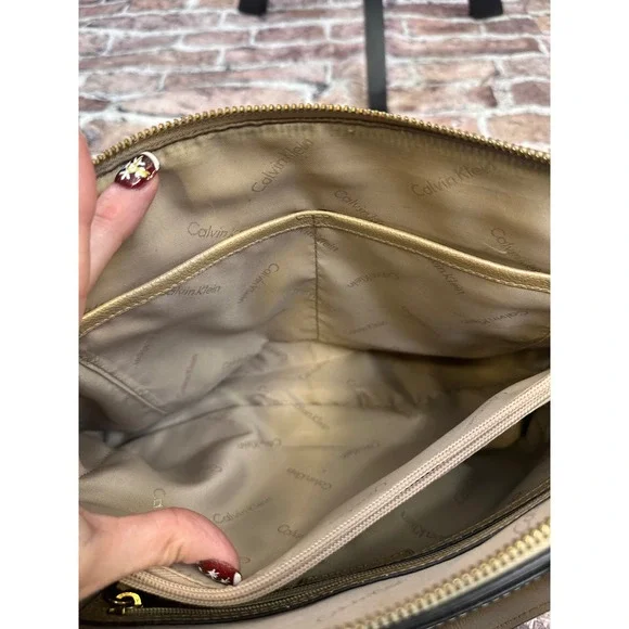 Calvin Klein Gold Metallic Pebbled Leather Satchel Crossbody Bag Convertible - Picture 10 of 16